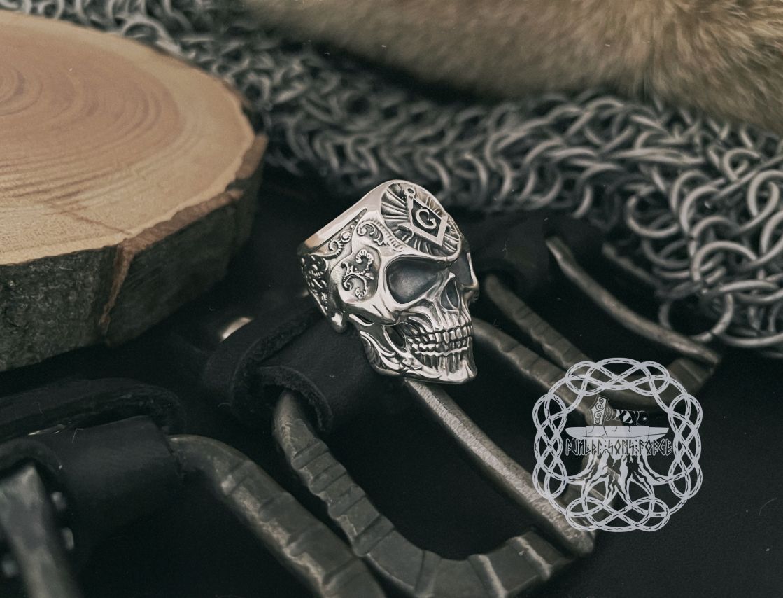 Handmade Sterling Silver Masonic Skull Ring. Freemason Biker Jewelry.