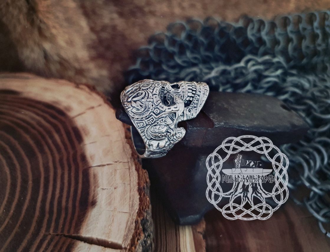 Sterling Silver Aztec Skull Ring. Maya Inspired Biker Design.