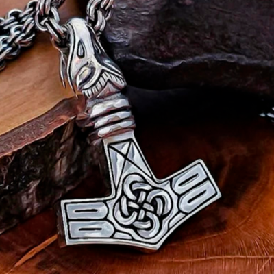 Handmade Thor hammer replica from Circa. Sterling silver Avian head mjolnir pendant. 