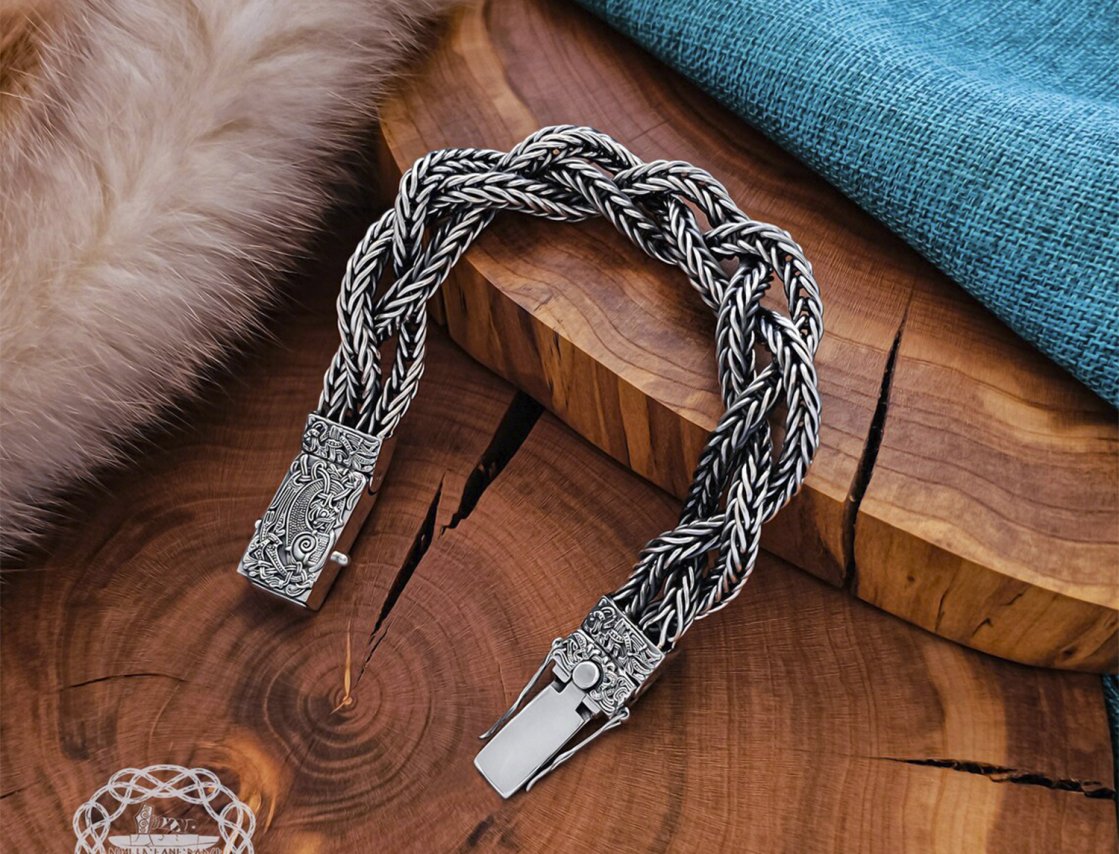 Handmade Sterling Silver Viking Bracelet. Featuring Mammen Style Cammin Casket Ornament.
