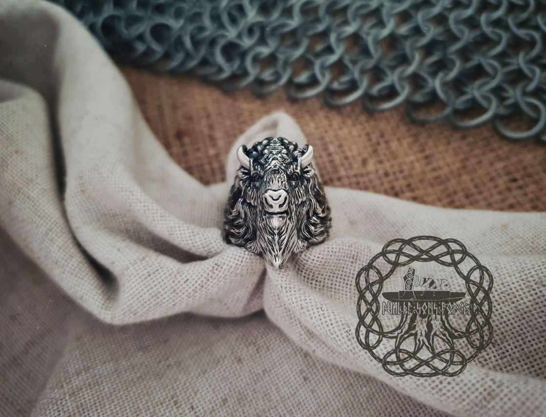 Sterling Silver Bison Head Ring. Handmade Animal Jewelry.