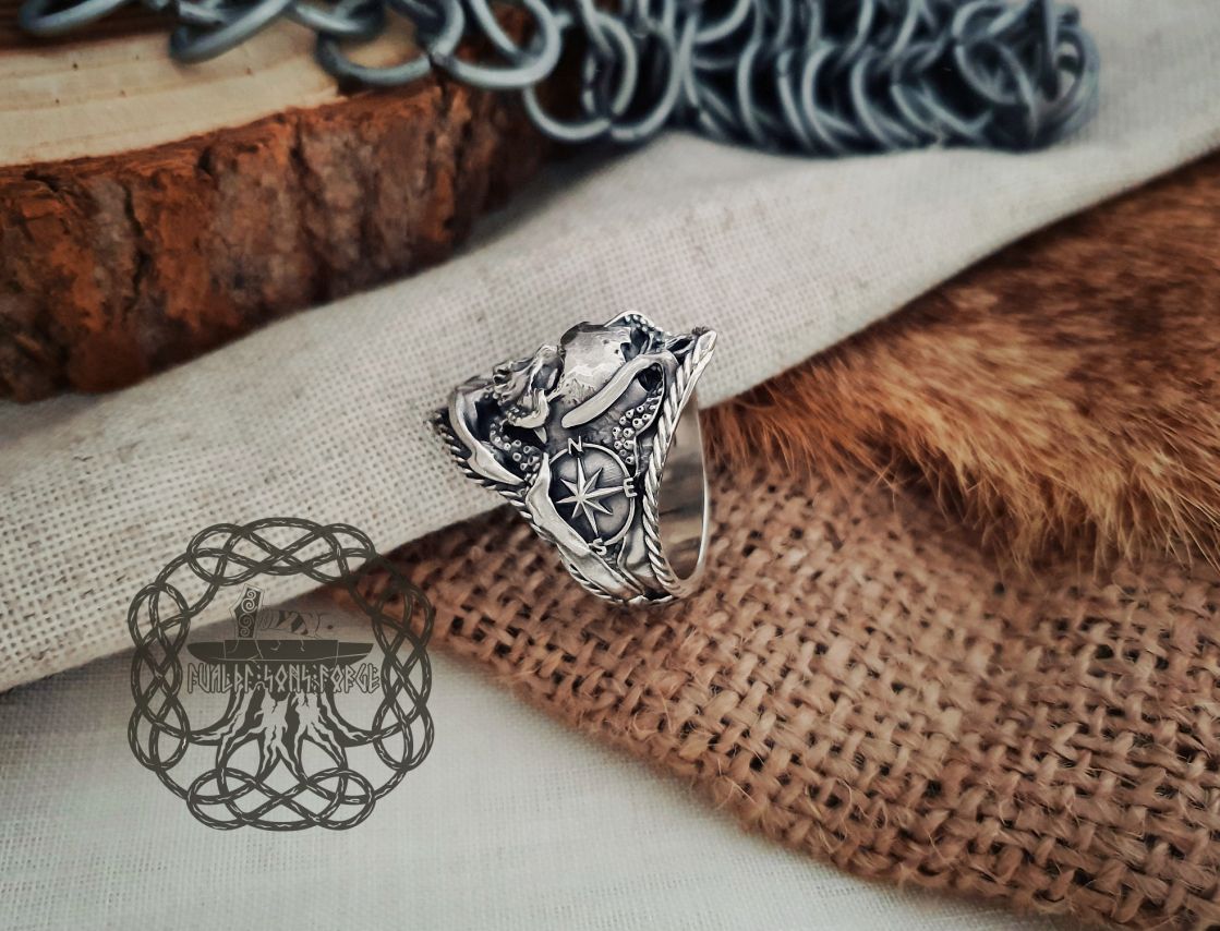 Handmade Sterling Silver Marine Skull Ring. Artisan Wind Rose and Anchor Design.