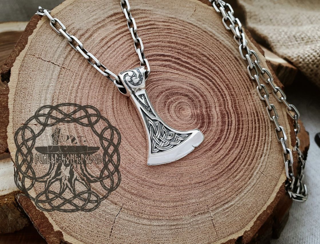 Sterling Silver Norse Pendant. Viking Axe Jewelry.