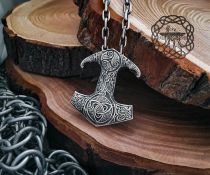 Sterling Silver Viking Thor Hammer Necklace. Mjolnir Pendant with Triquetra.