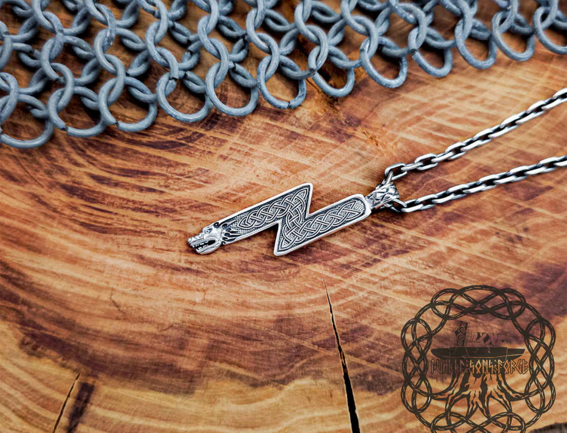 Handmade Norse Viking Sowilo Rune Wolf Pendant. Sterling Silver Runic Necklace.