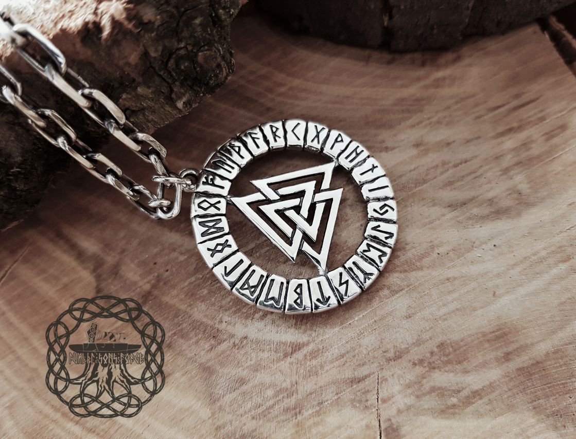 Handmade Sterling Silver Valknut Pendant. Norse Runic Necklace.
