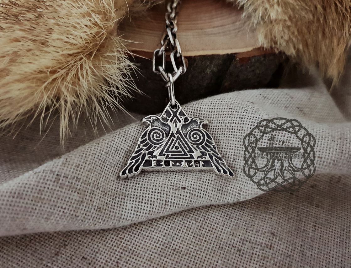 Sterling Silver Odins Ravens Pendant. Featuring Valknut and Odins Horn Symbols.