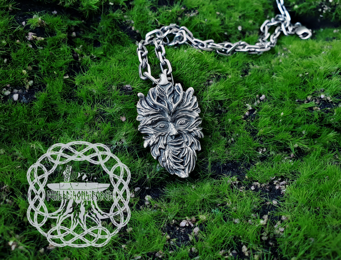 Sterling Silver Green Man Pendant. Handmade Celtic Necklace.