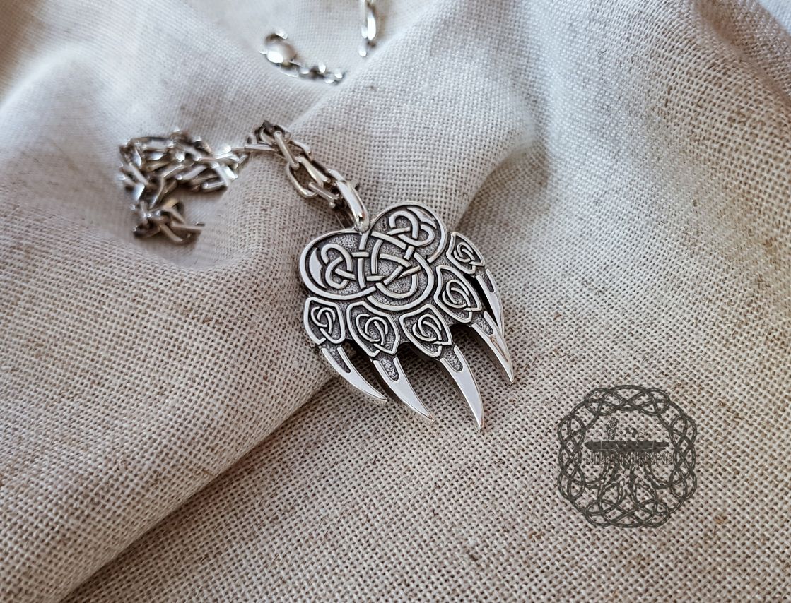 Sterling Silver Bear Paw Pendant. Viking Berserker Necklace.