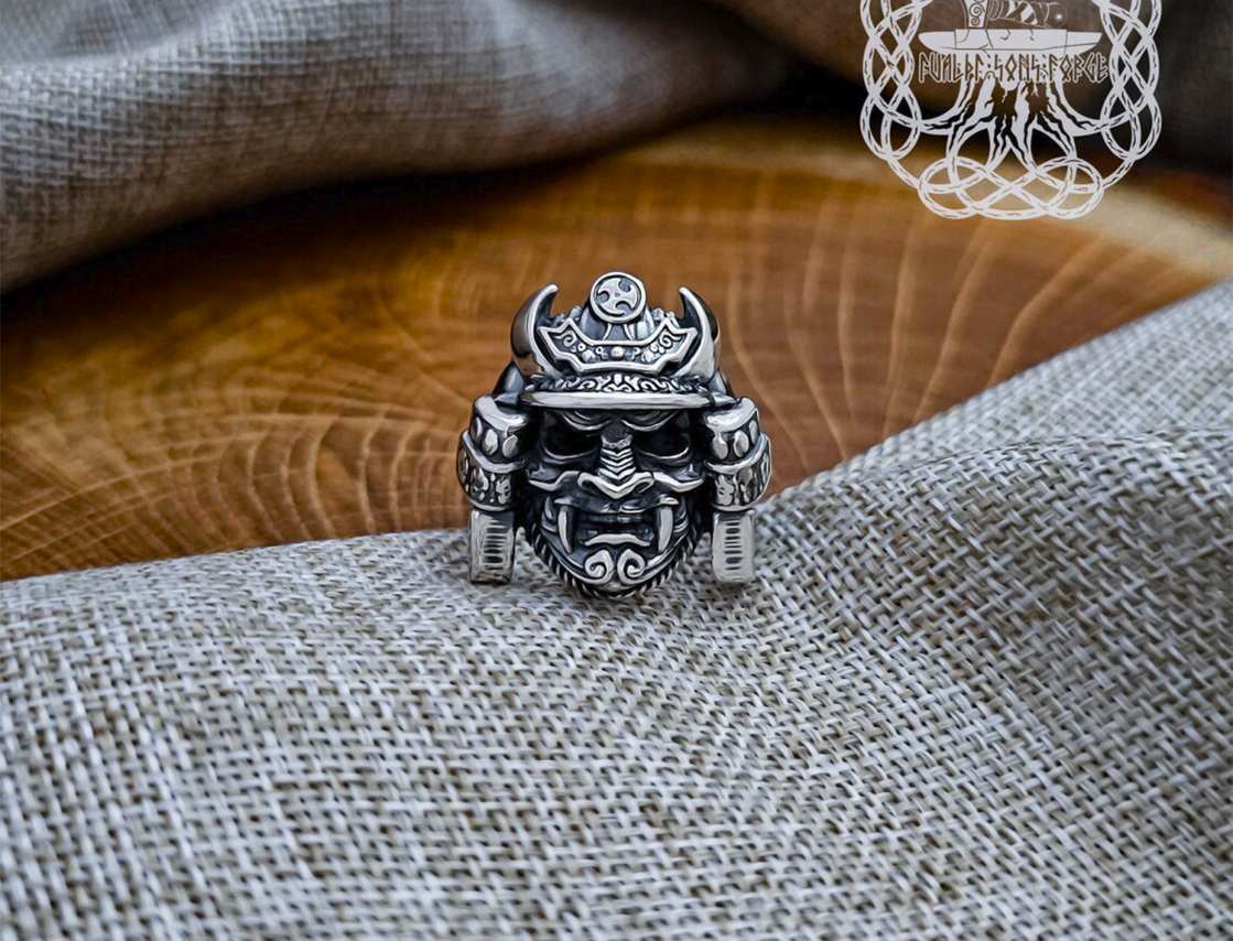 Handmade Sterling Silver Samurai Mask Ring. Artisan Japanese Design.