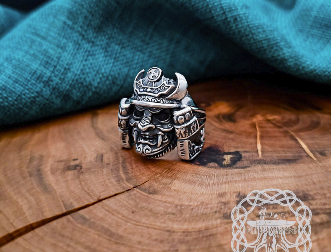 Handmade Sterling Silver Samurai Mask Ring. Artisan Japanese Design.