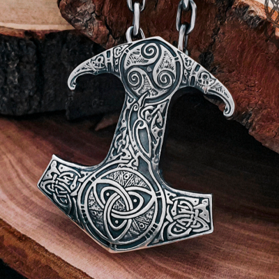 Sterling Silver Viking Thor Hammer Necklace. Mjolnir Pendant with Triquetra.