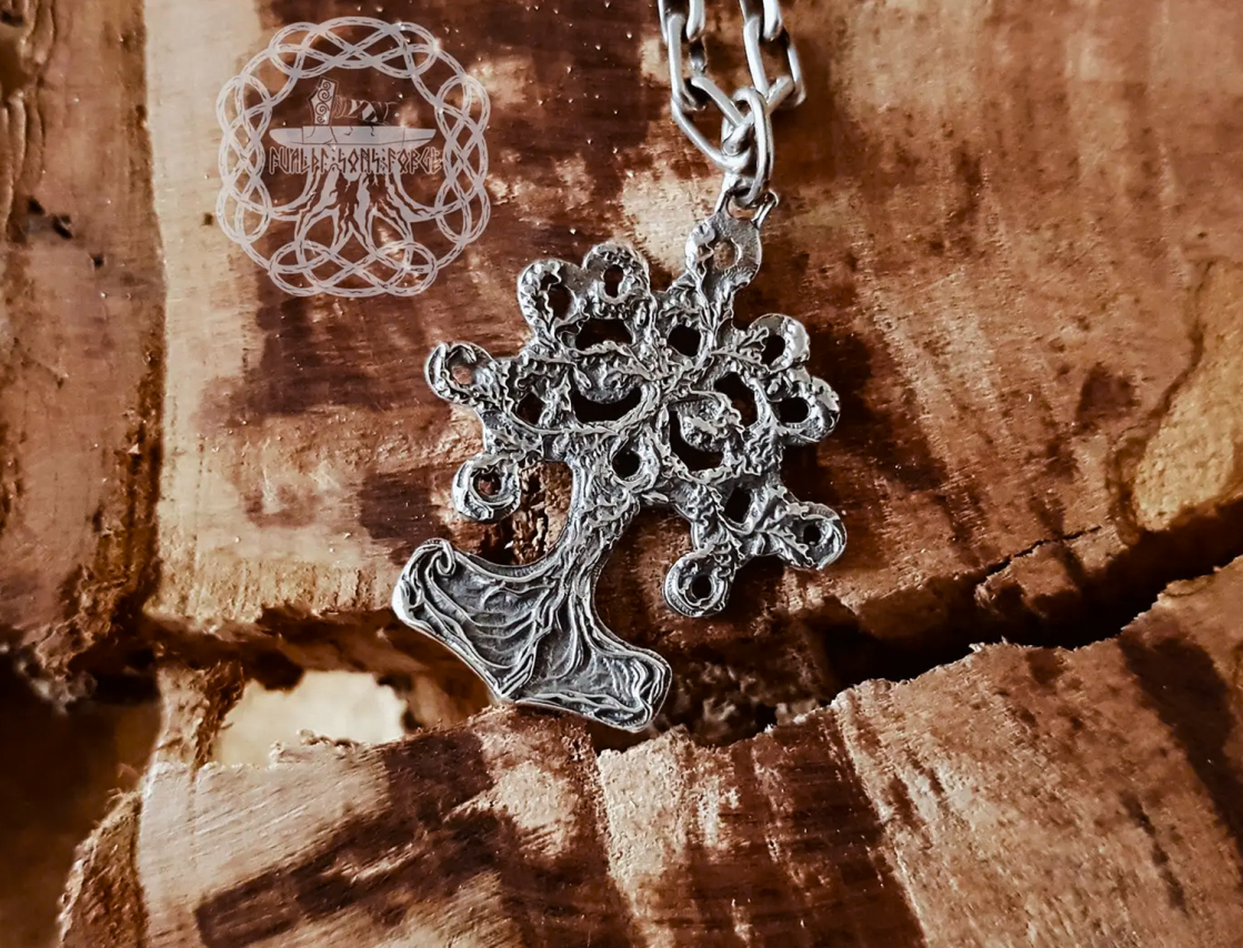 Sterling Silver Thor Hammer Necklace. Yggdrasil Mjolnir Pendant