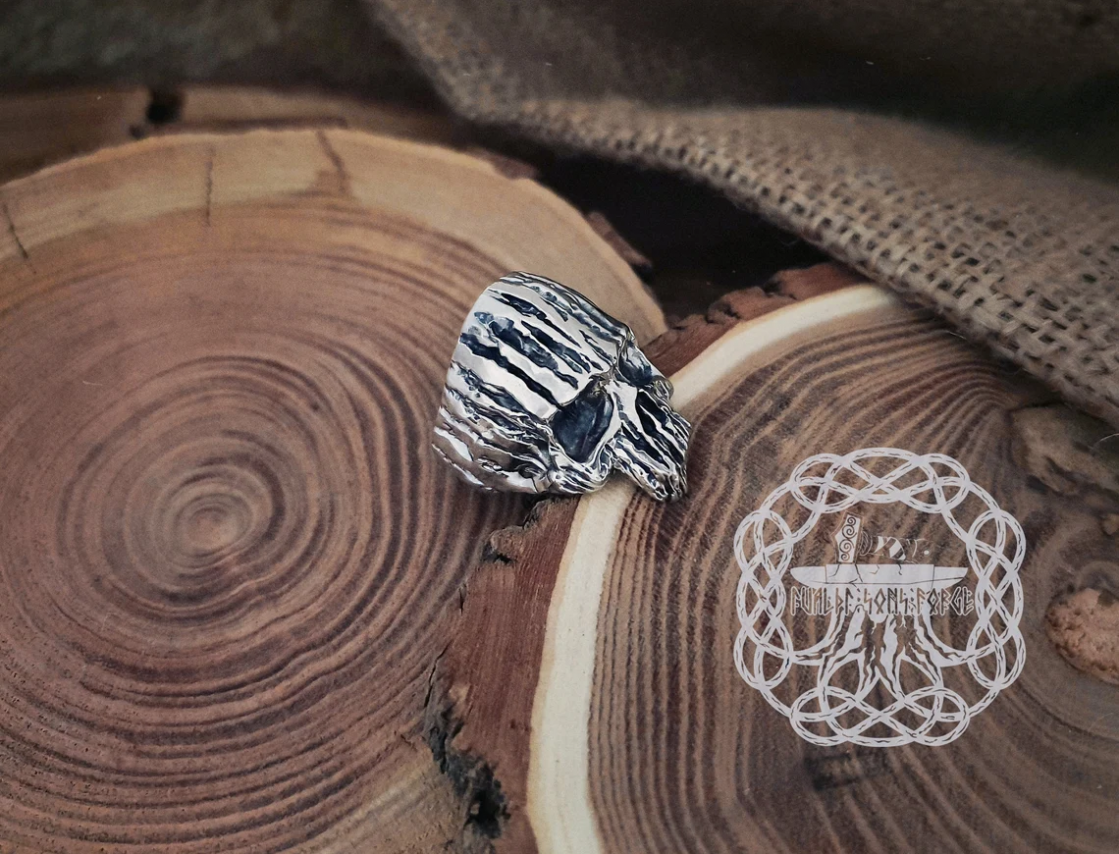 Handmade Sterling Silver Skull Mask Ring. Edgy Biker Jewelry.