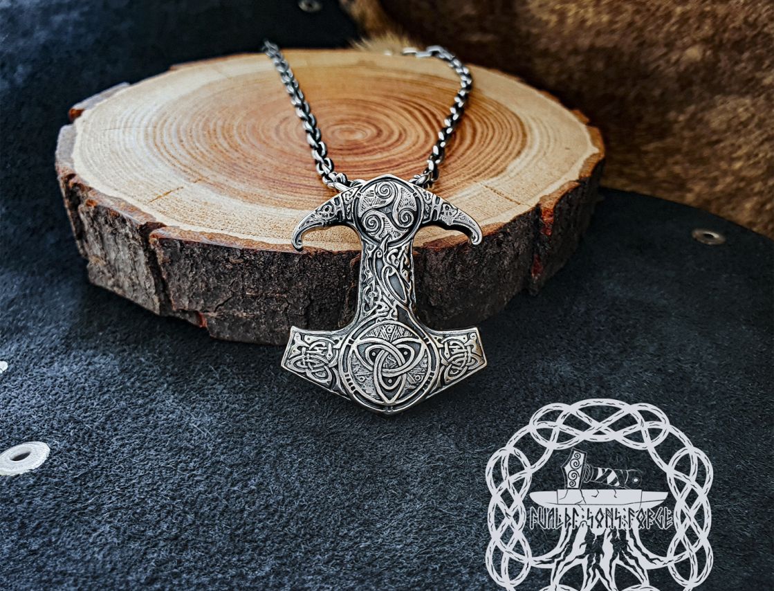 Sterling Silver Viking Thor Hammer Necklace. Mjolnir Pendant with Triquetra.