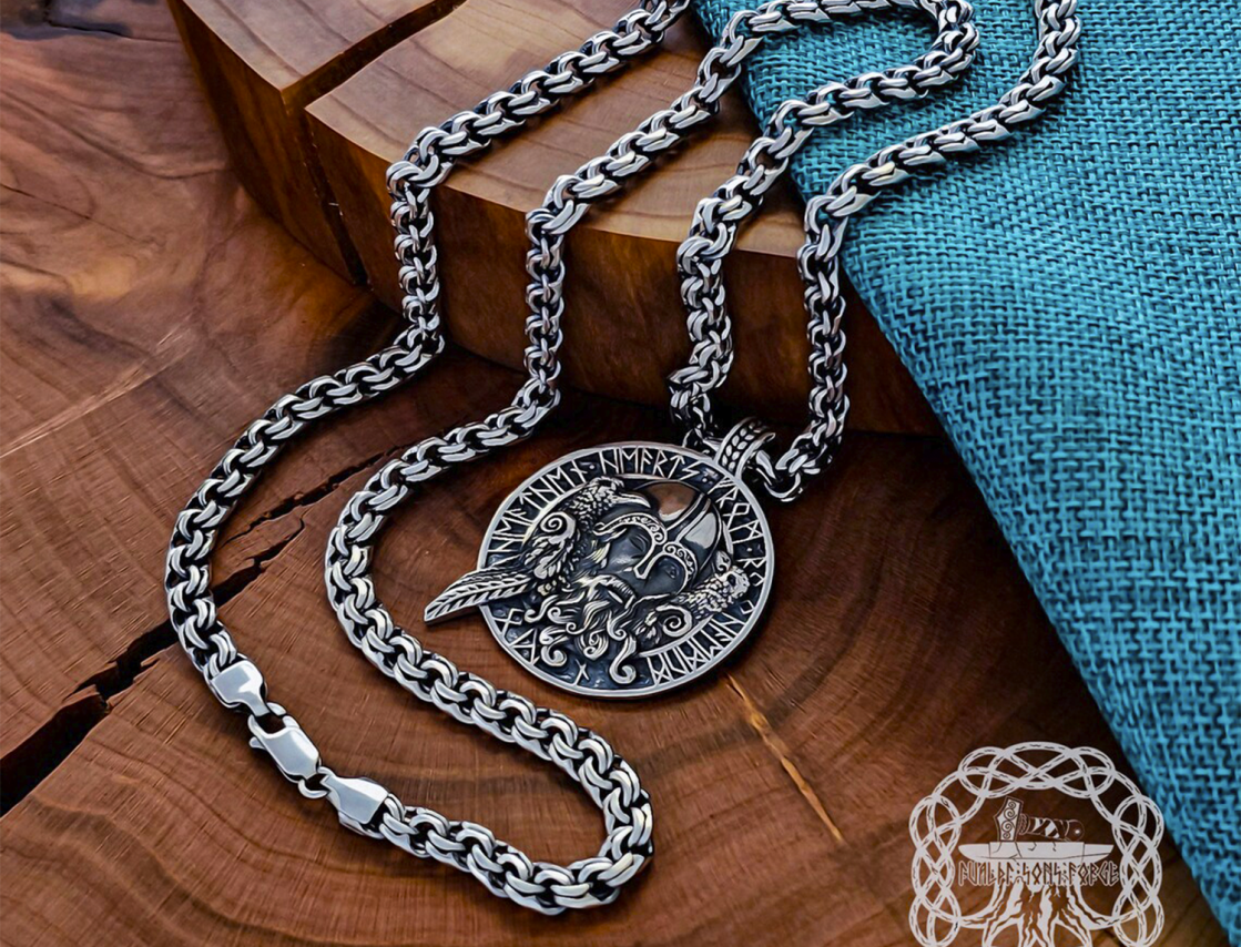 Handmade Sterling Silver Odin Necklace. Viking Raven Design.