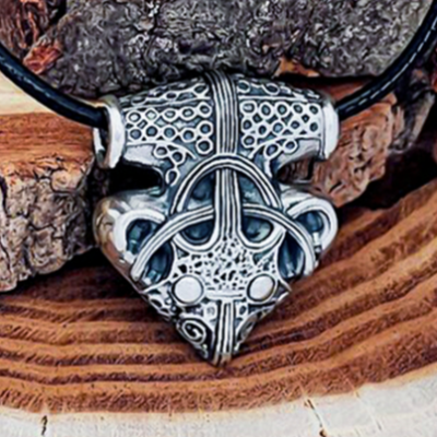 Sterling Silver Sigtuna Mjolnir Viking Necklace. Raven Head Thor Hammer Pendant.