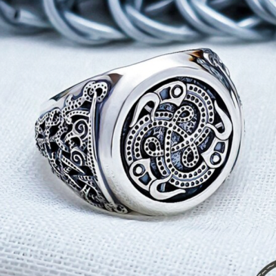 Sterling Silver Raven Triskele Knot Ring. Artisan Viking Jewelry.