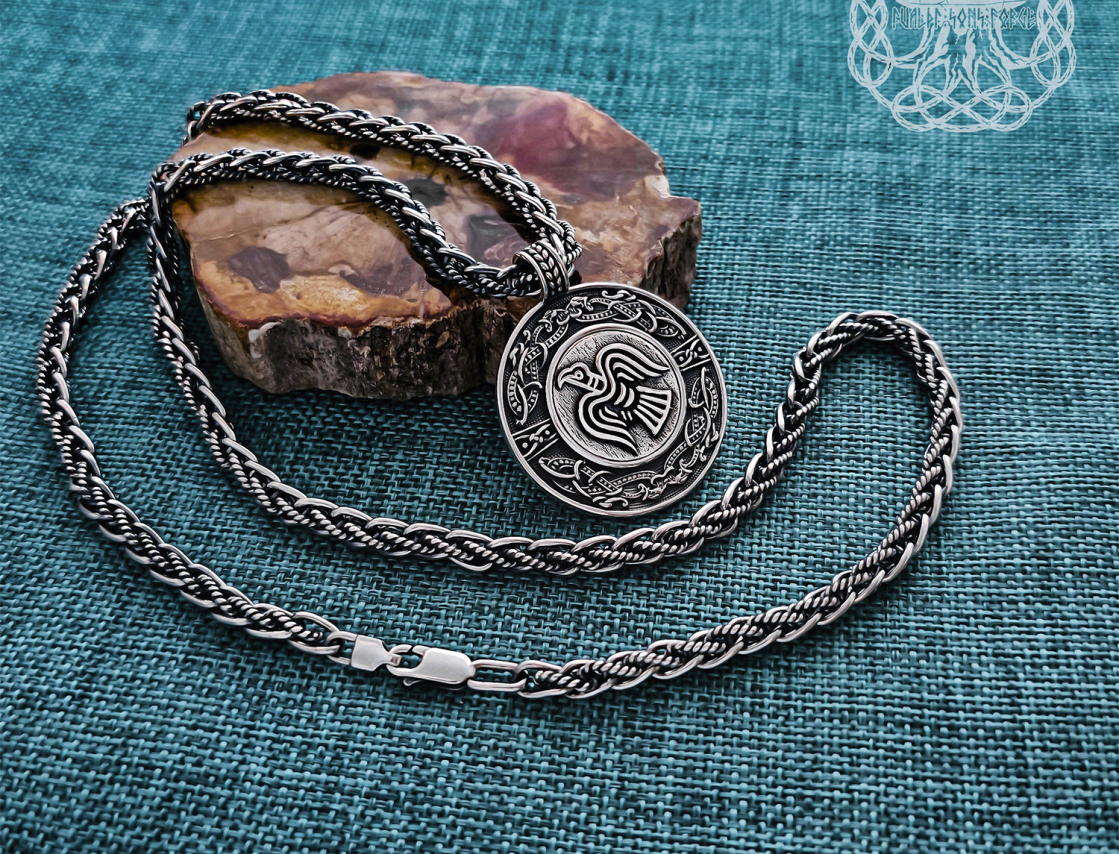 Handmade Sterling Silver Viking Raven Banner Pendant. Urnes Style Necklace.