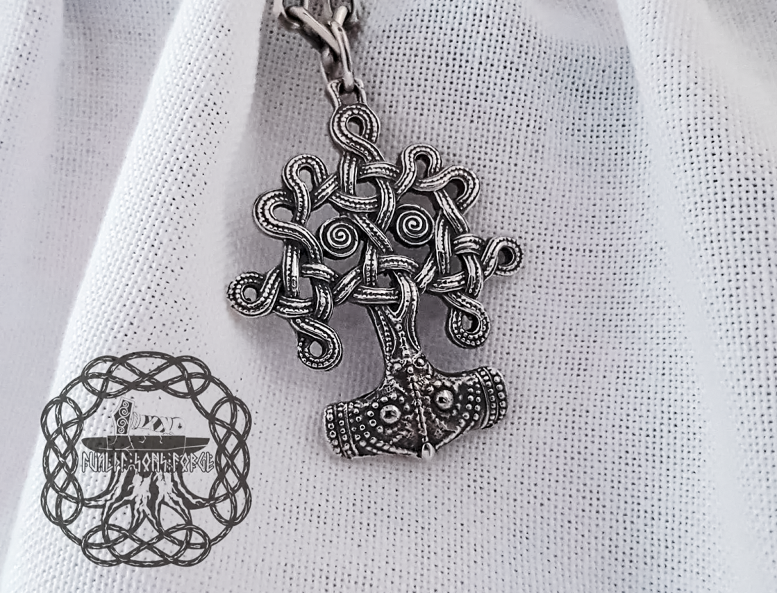 Sterling Silver Thor Hammer Necklace. Yggdrasil Mjolnir Pendant