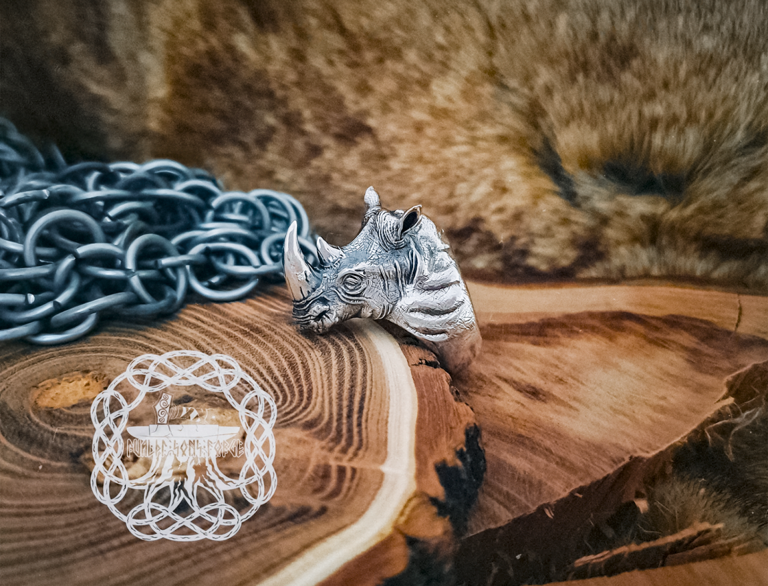 Handmade Sterling Silver Rhinoceros Head Ring. Biker Animal Jewelry.