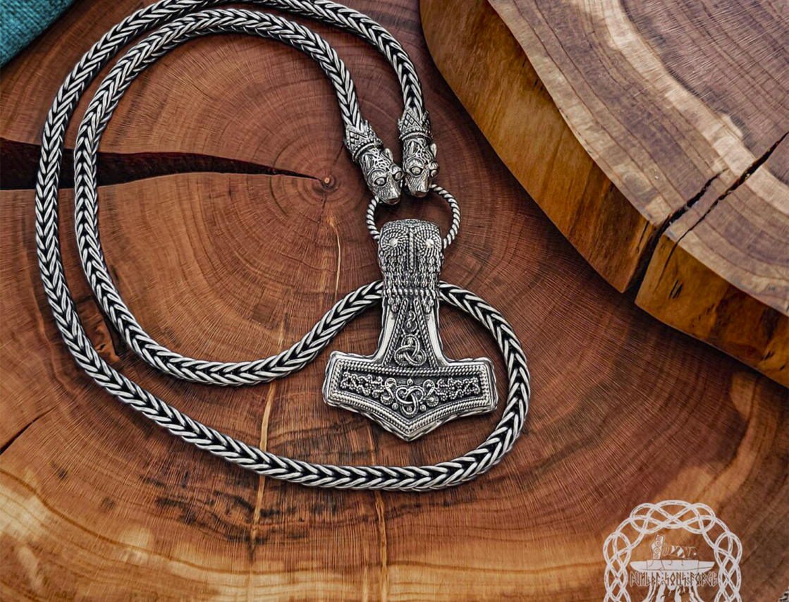 Authentic sterling silver wolfs head viking chain. Handmade norse necklace.