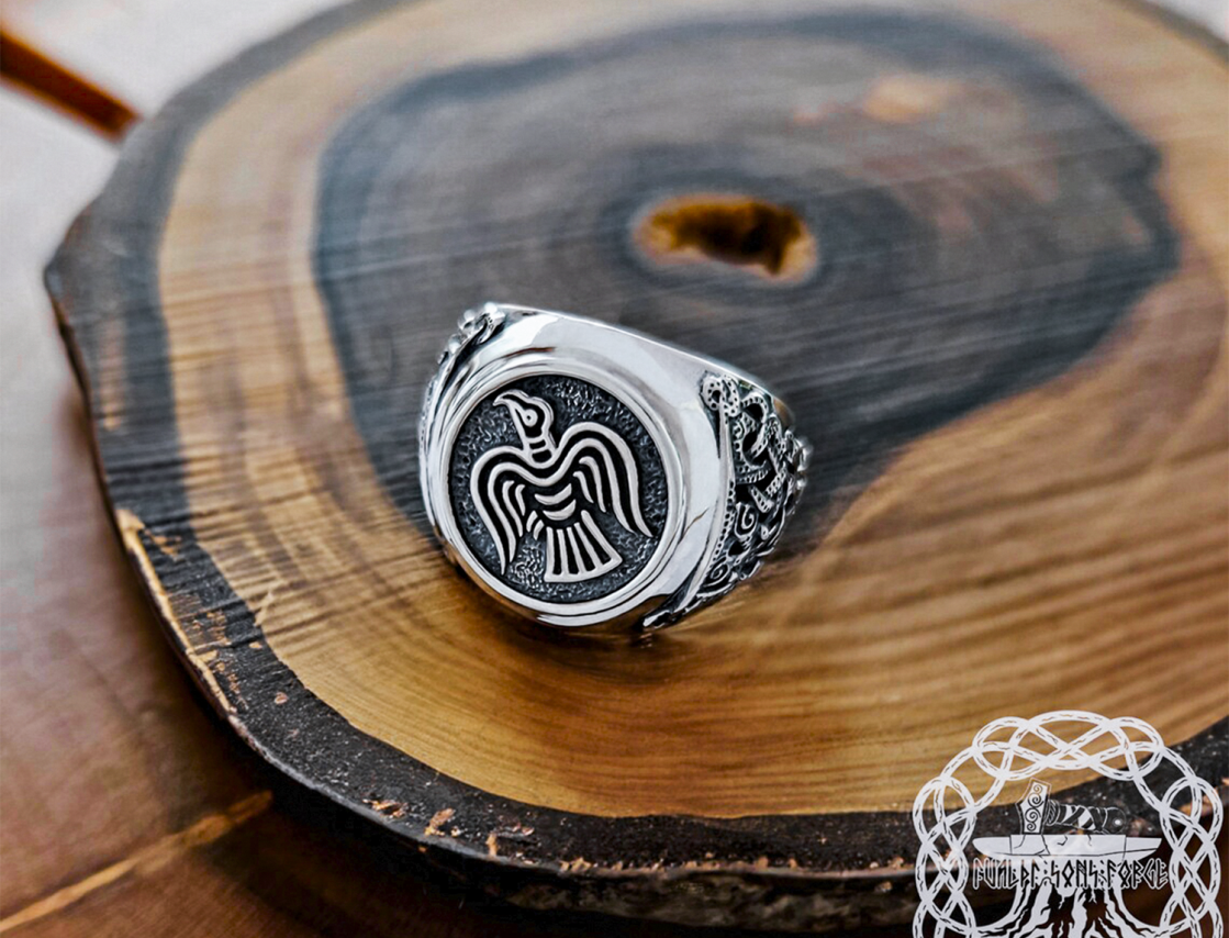 Sterling Silver Raven Banner Ring. Artisan Viking Jewelry.