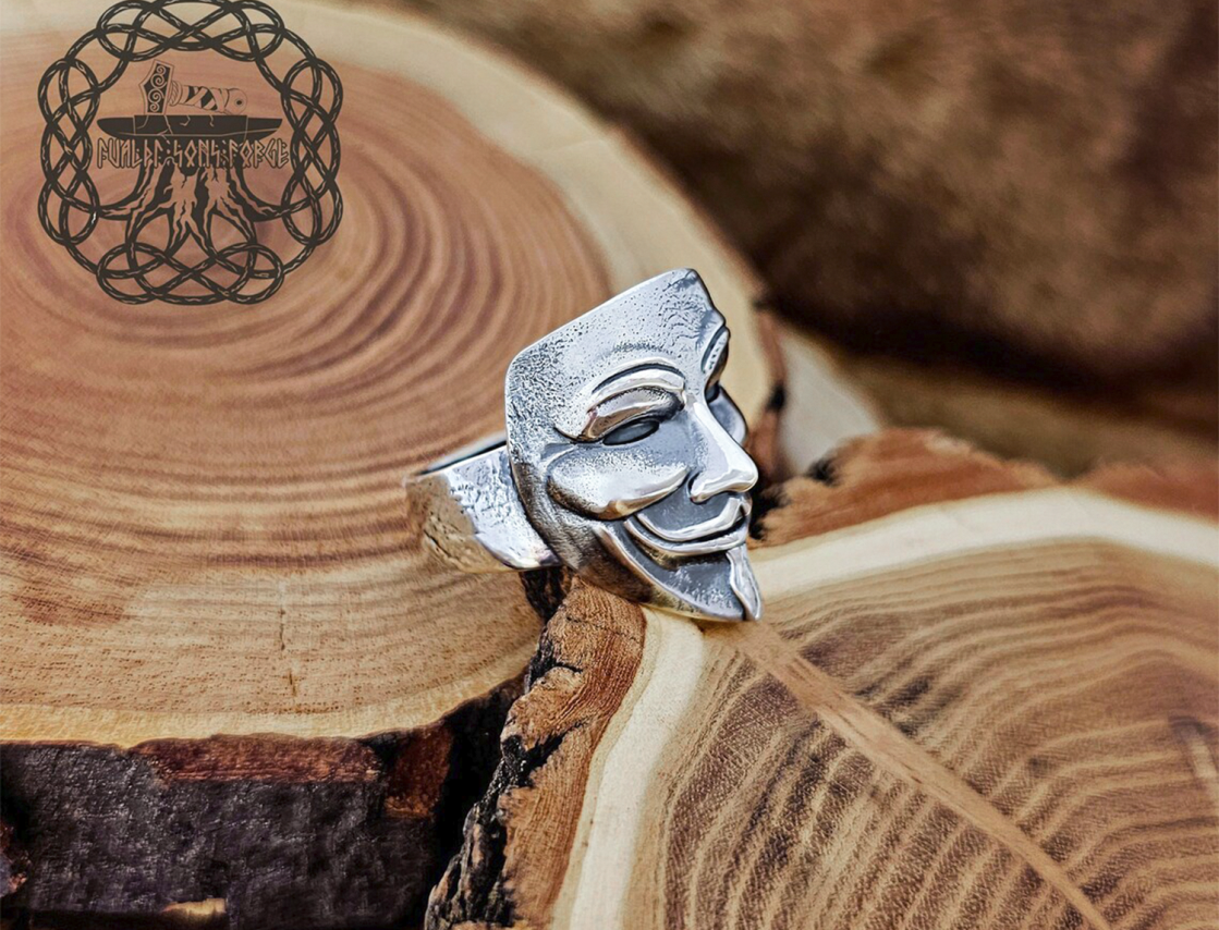 Sterling Silver V for Vendetta Ring. Handmade Mask-Inspired Jewelry.