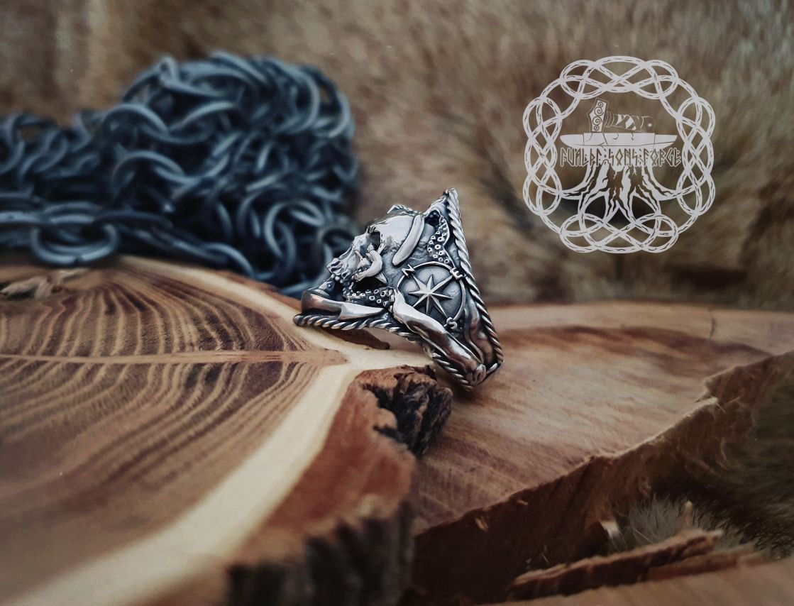 Handmade Sterling Silver Marine Skull Ring. Artisan Wind Rose and Anchor Design.
