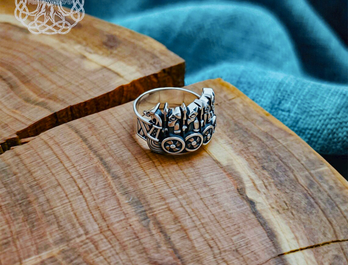 Handcrafted Sterling Silver Viking Longship Ring. Norse Drakkar Jewelry.