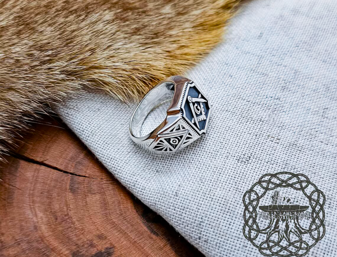 Handmade Sterling Silver Masonic Ring. Freemason Symbol Jewelry.