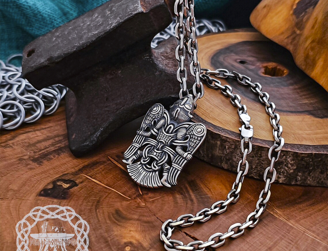 Handmade Sterling Silver Winged Man Pendant. Viking Replica Necklace.