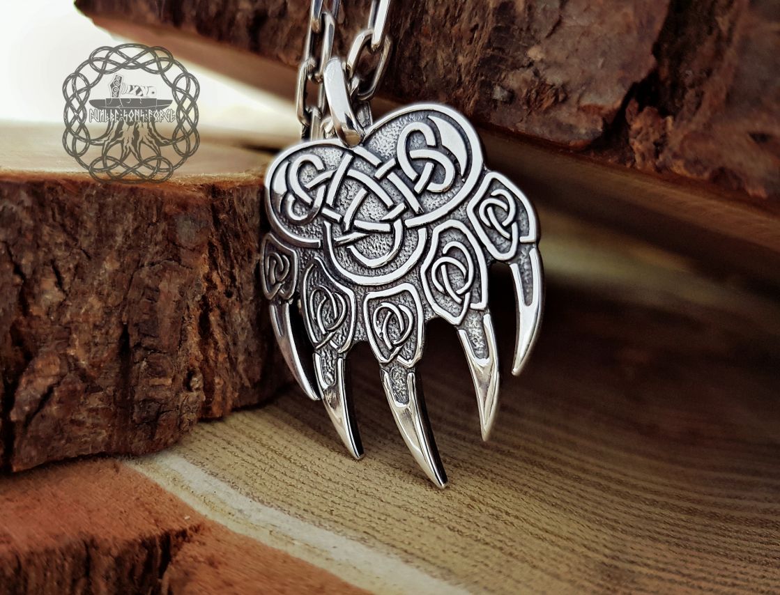 Sterling Silver Bear Paw Pendant. Viking Berserker Necklace.