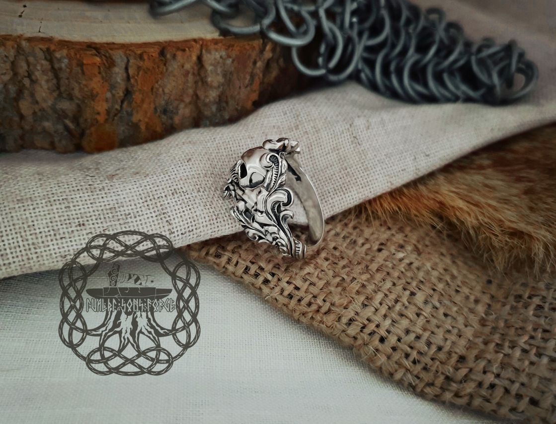 Sterling Silver Floral Skull Ring. Edgy Handmade Biker Jewelry.