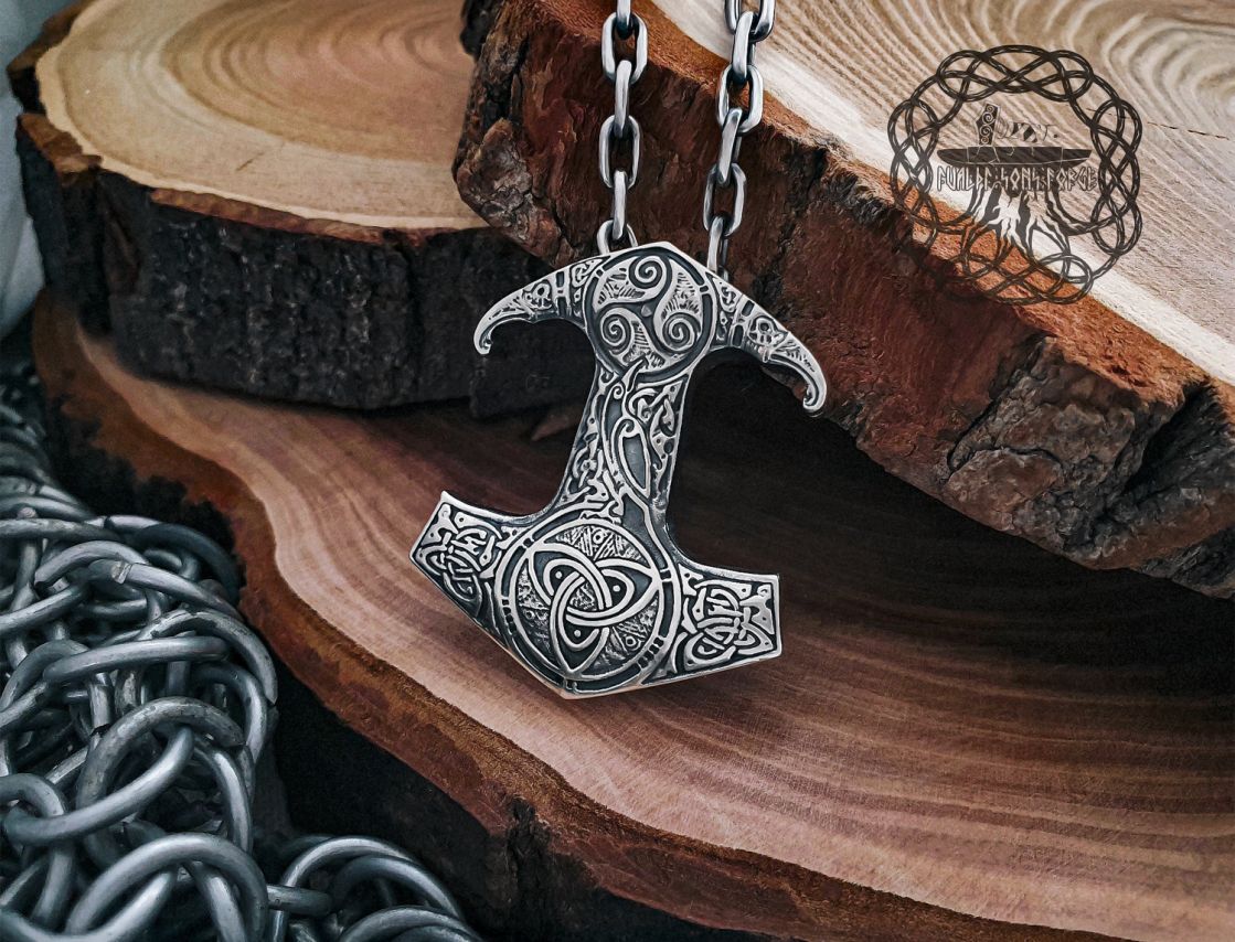 Sterling Silver Viking Thor Hammer Necklace. Mjolnir Pendant with Triquetra.