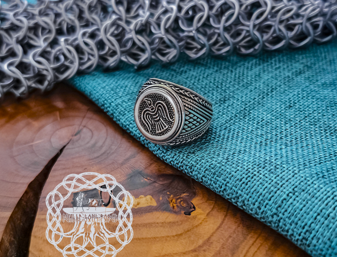 Sterling Silver Raven Banner Ring. Artisan Handmade Viking Design.
