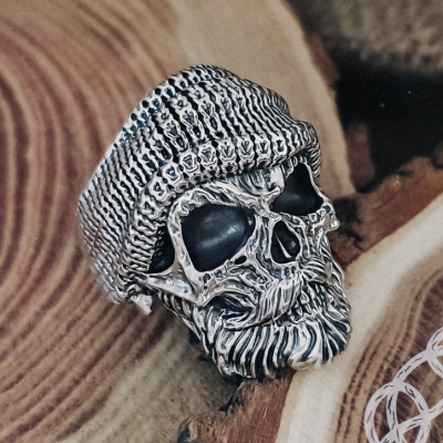 Sterling Silver Skull Ring with Hat. Biker Punk Style.