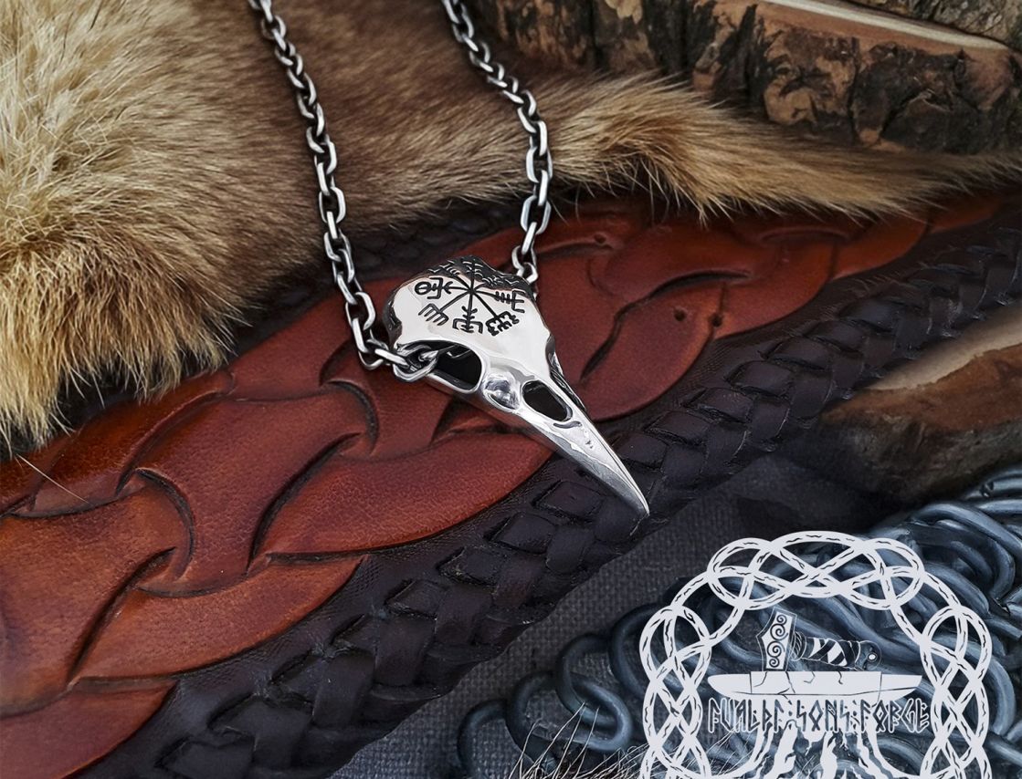 Sterling Silver Viking Raven Skull Pendant. Handmade Norse Necklace.