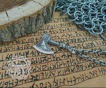 Sterling Silver Norse Axe Pendant. Raven and Wolf Amulet.