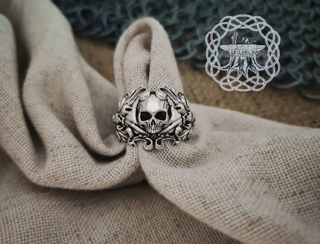 Sterling Silver Floral Skull Ring. Edgy Handmade Biker Jewelry.