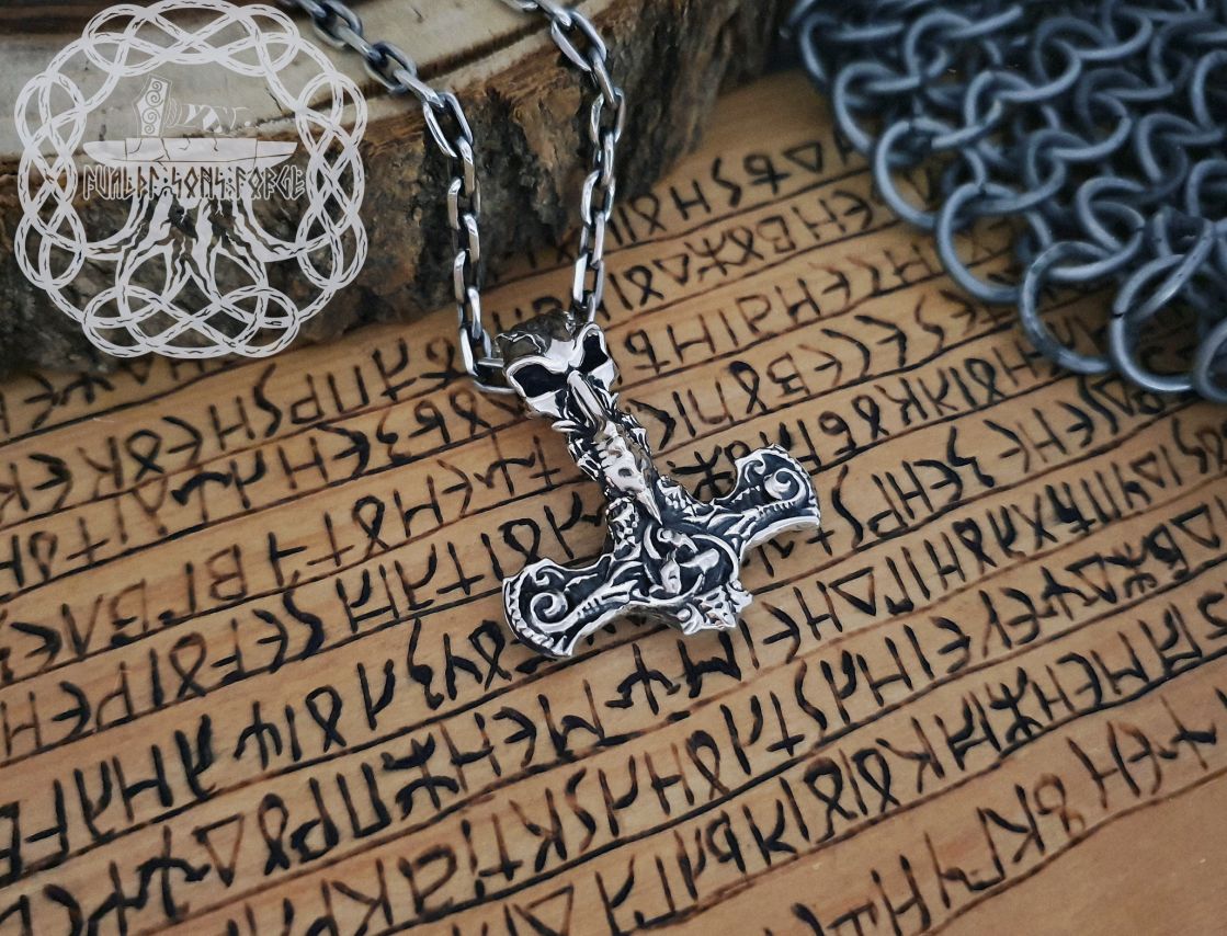 Viking Thor Hammer Necklace. Sterling Silver Skull Mjolnir Pendant.