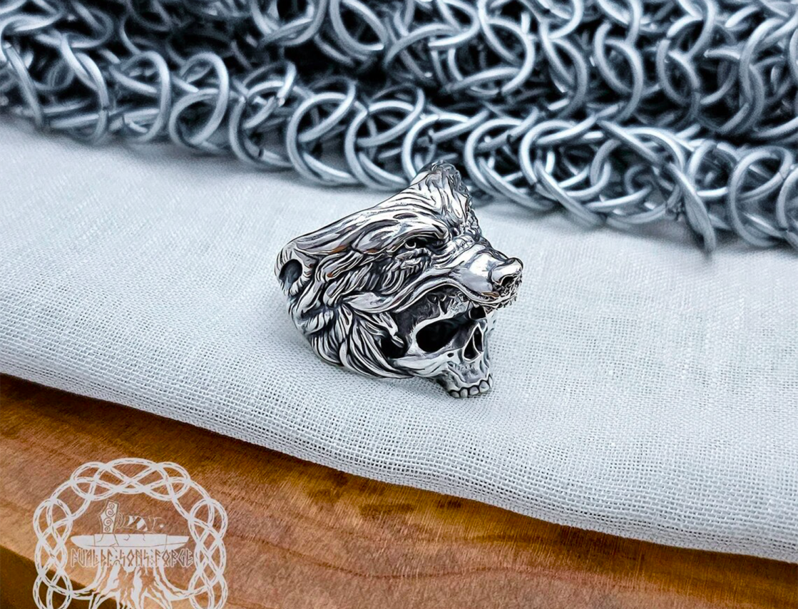 Handmade Viking Wolf Skull Ring. Sterling Silver Ulfhednar Jewelry.