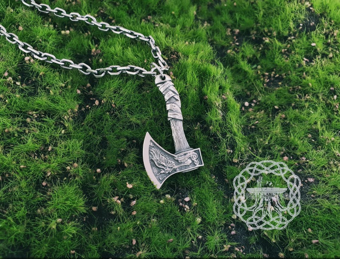 Sterling Silver Norse Axe Pendant. Raven and Wolf Amulet.