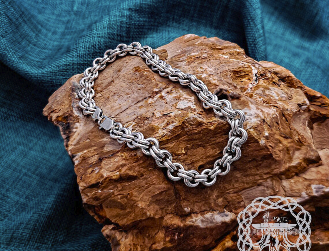 Sterling Silver Viking Bracelet. Handmade Double-Link Design.
