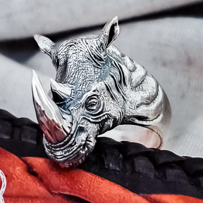 Handmade Sterling Silver Rhinoceros Head Ring. Biker Animal Jewelry.