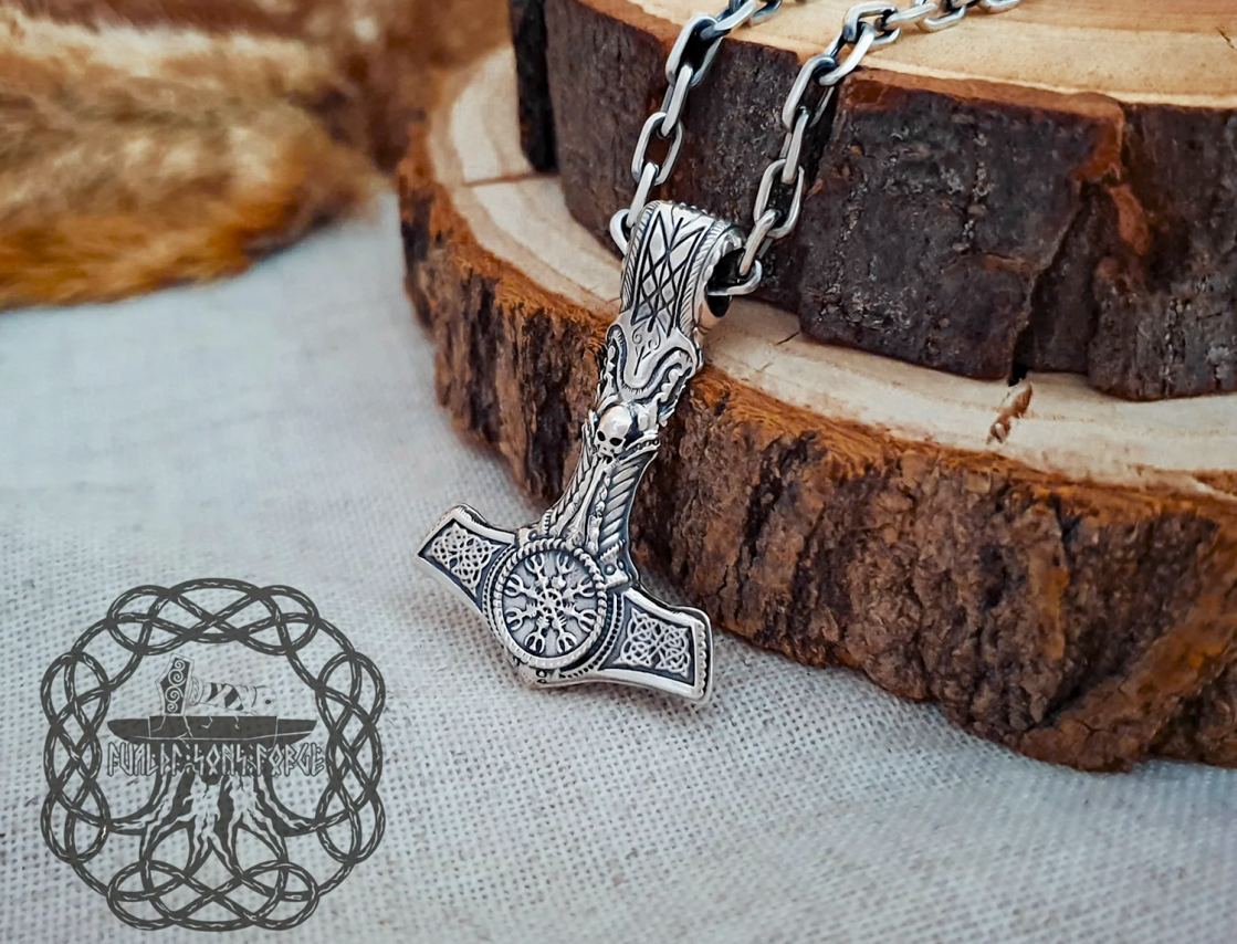 Viking Mjolnir Necklace with Helm of Awe. Sterling Silver Thor Hammer Pendant.