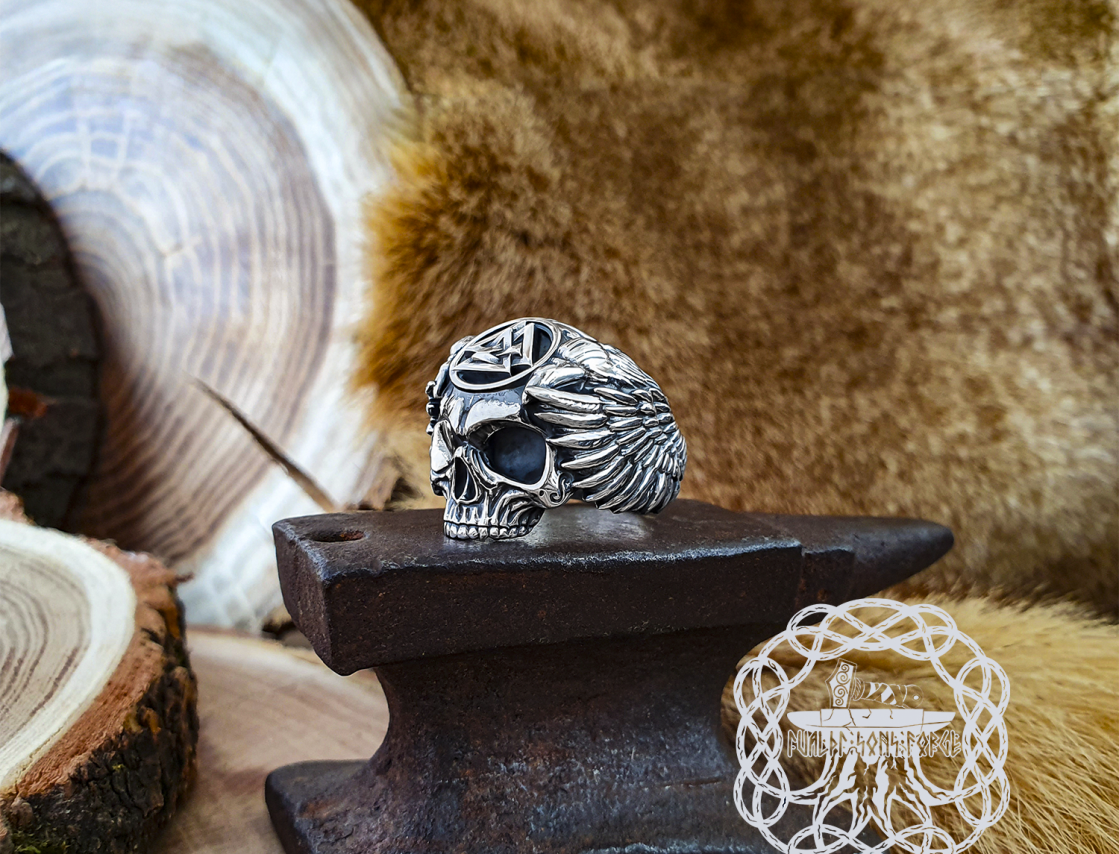 Handcrafted Sterling Silver Odin Skull Ring. Norse Viking Raven Jewelry.
