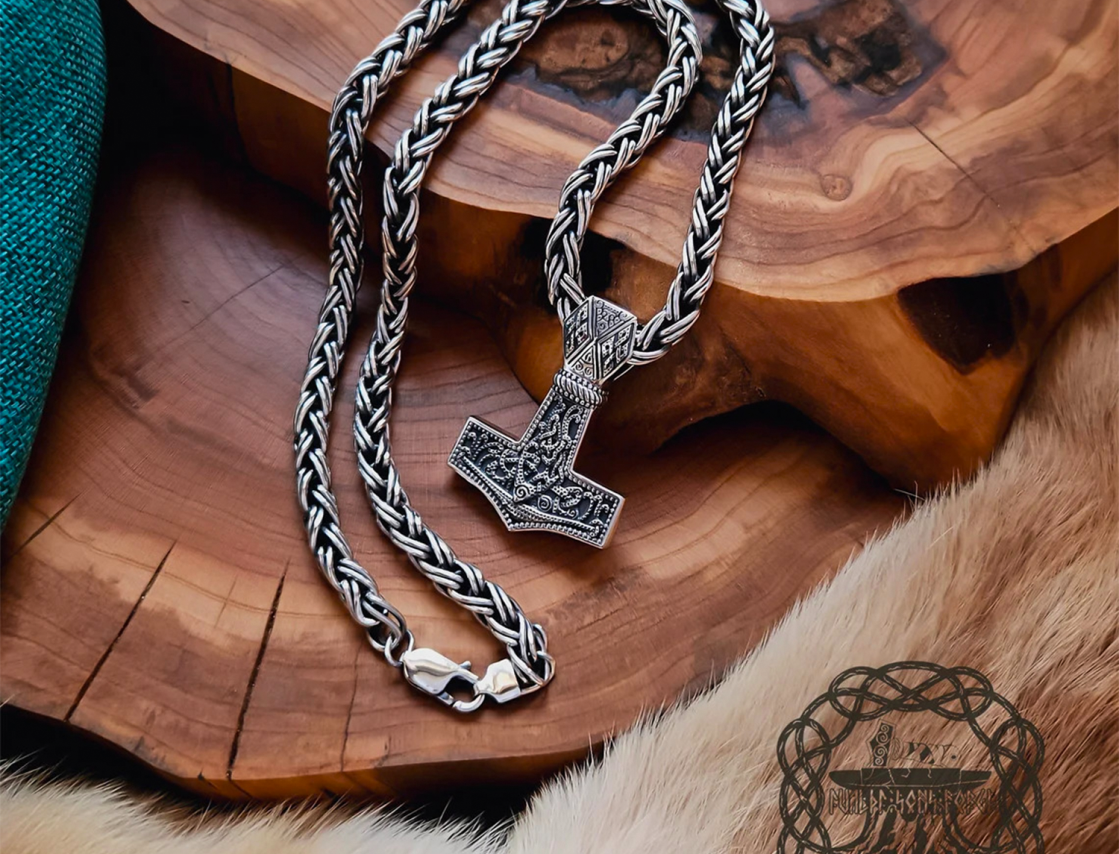 Sterling Silver Mammen Mjolnir Necklace. Handmade Viking Thor Hammer Pendant.