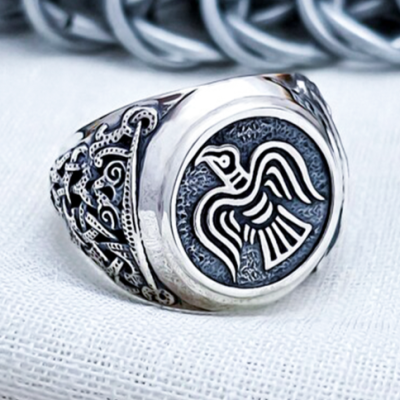 Sterling Silver Raven Banner Ring. Artisan Viking Jewelry.