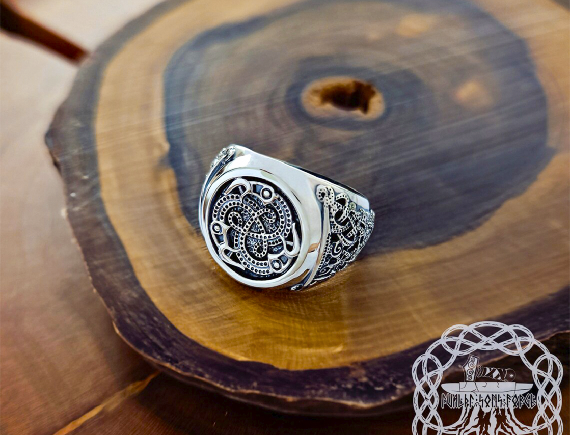 Sterling Silver Raven Triskele Knot Ring. Artisan Viking Jewelry.
